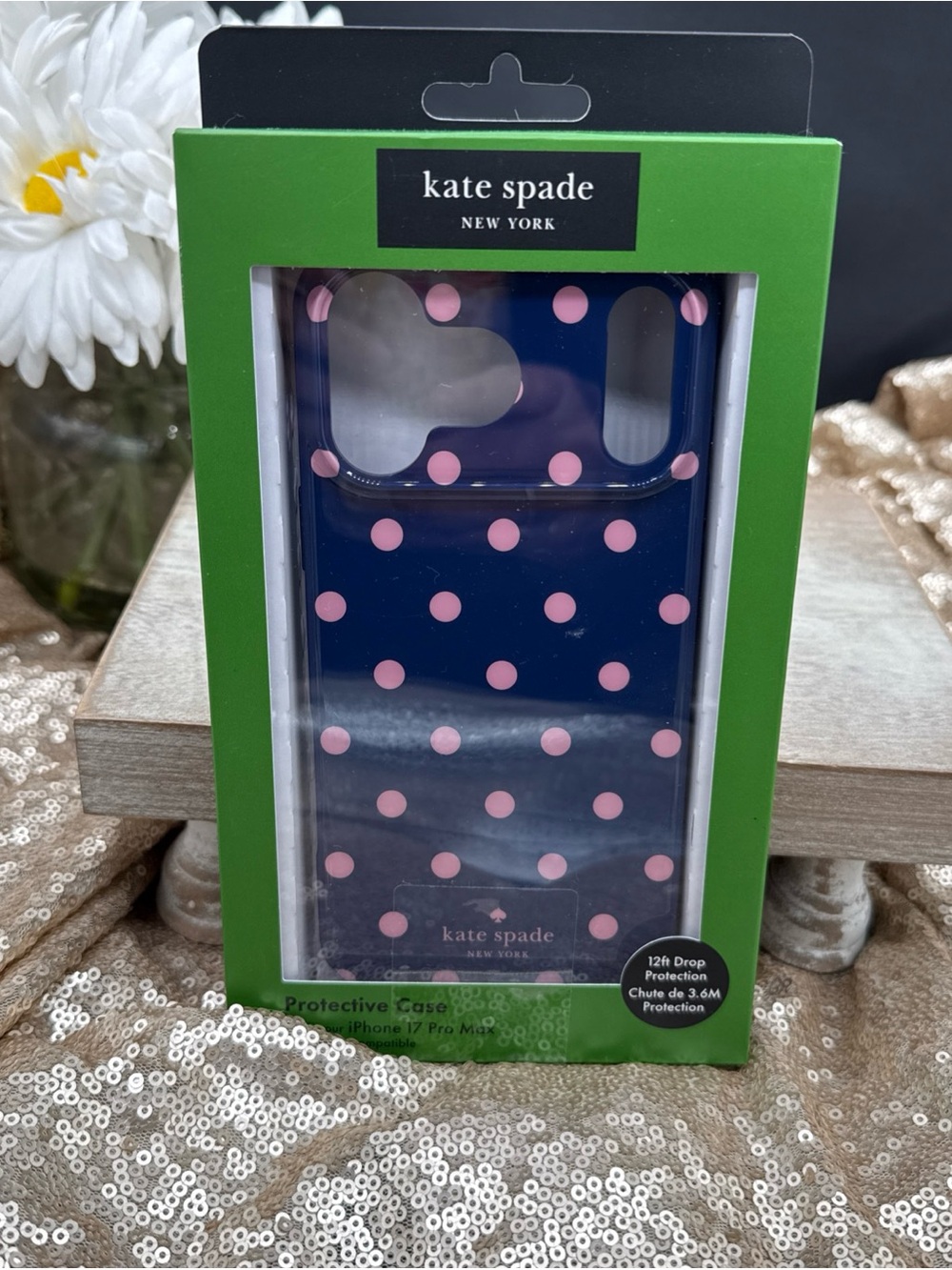 Kate Spade Blue W Pink  Polka Dots iPhone Case For 17 Pro Max NIB